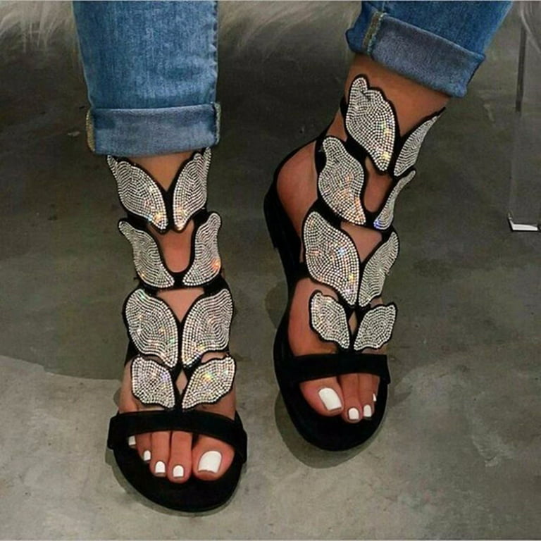 44 Black YUN Women's Open Toe Platform Rhinestone Toe Pumps Sandals 